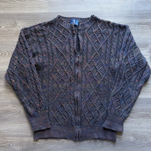 VTG LOBO Pendleton Full Zip Sweater Men's Large Cotton Cable Knit Multicolor USA